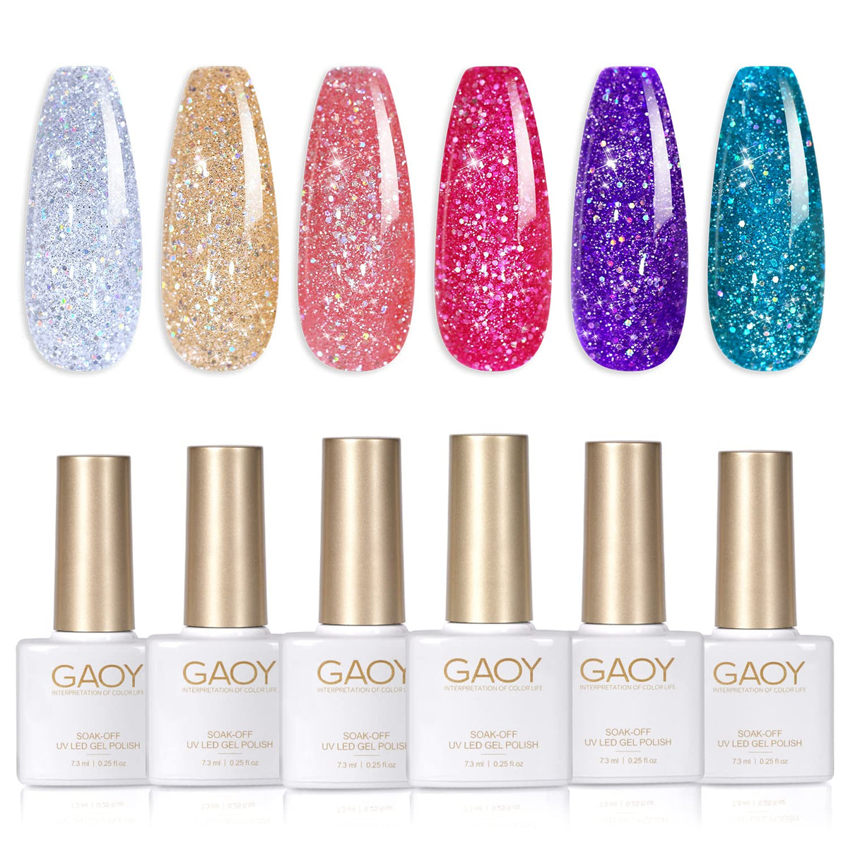 GAOY Disco Glitter Gel Nail Polish Set swatches reveal six rainbow glitter shades for DIY nail art.