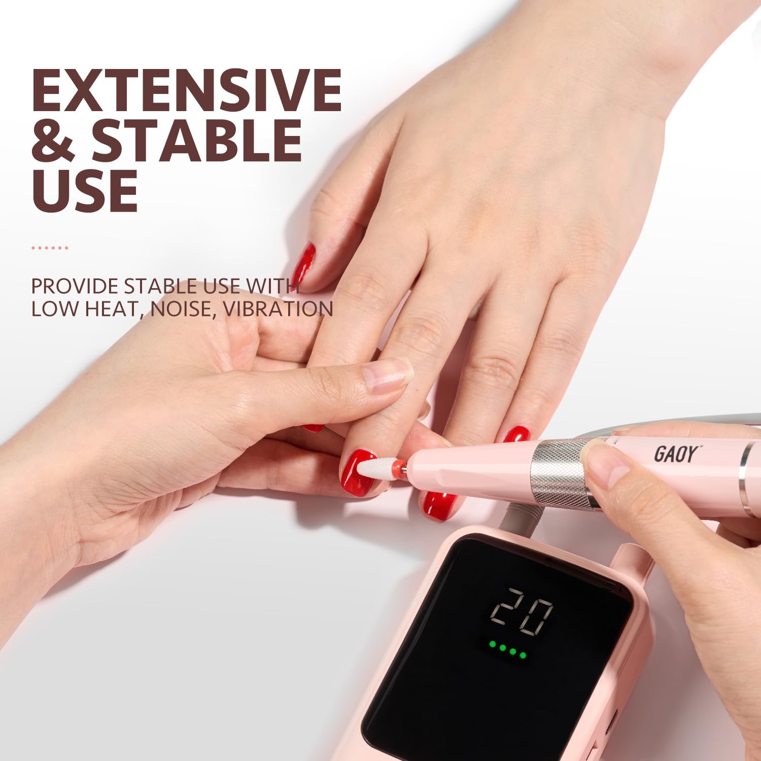 GAOY ergonomic handle nail drill side view for comfortable grip during sessions.