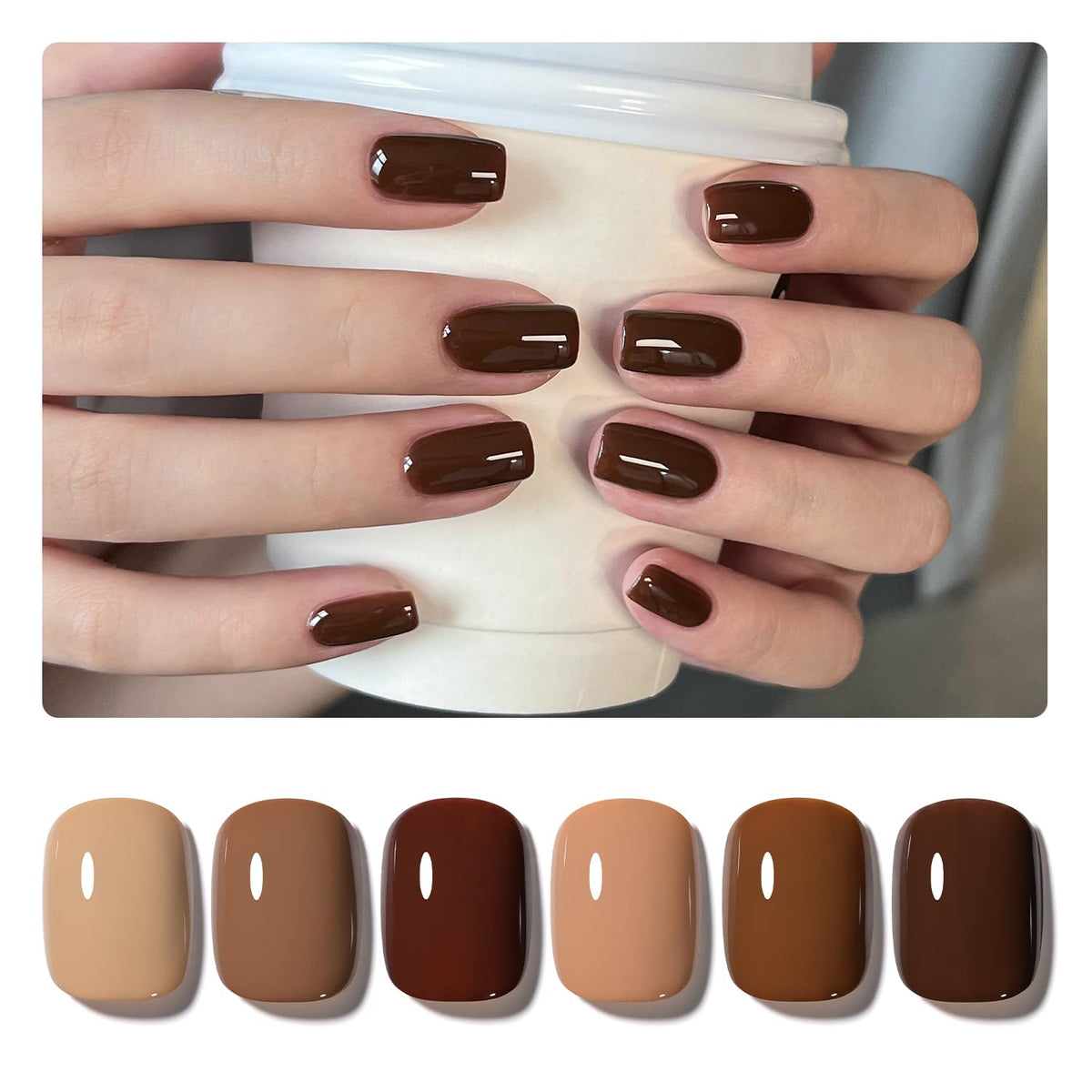 GAOY gel nail polish bottle close-up in brown caramel nude for salon-like shine