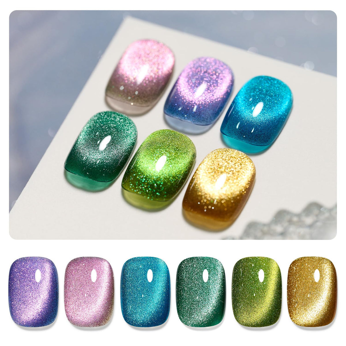 GAOY Glitter Cat Eye Gel Nail Polish Set bottles showing vibrant shimmer for at-home manicures.