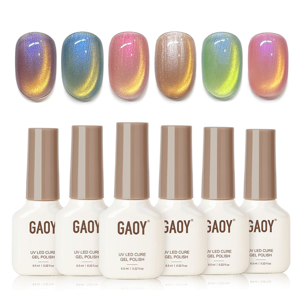 GAOY Glitter Cat Eye Gel Polish Kit packaging shows six colors for at-home manicure.