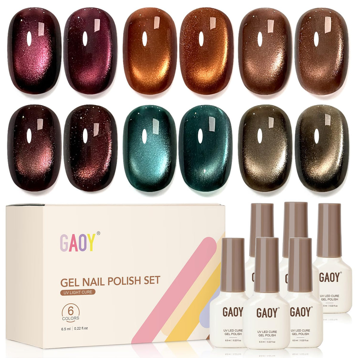 GAOY Glitter Cat Eye Set six-color display with shimmering finish for salon-quality nails at home
