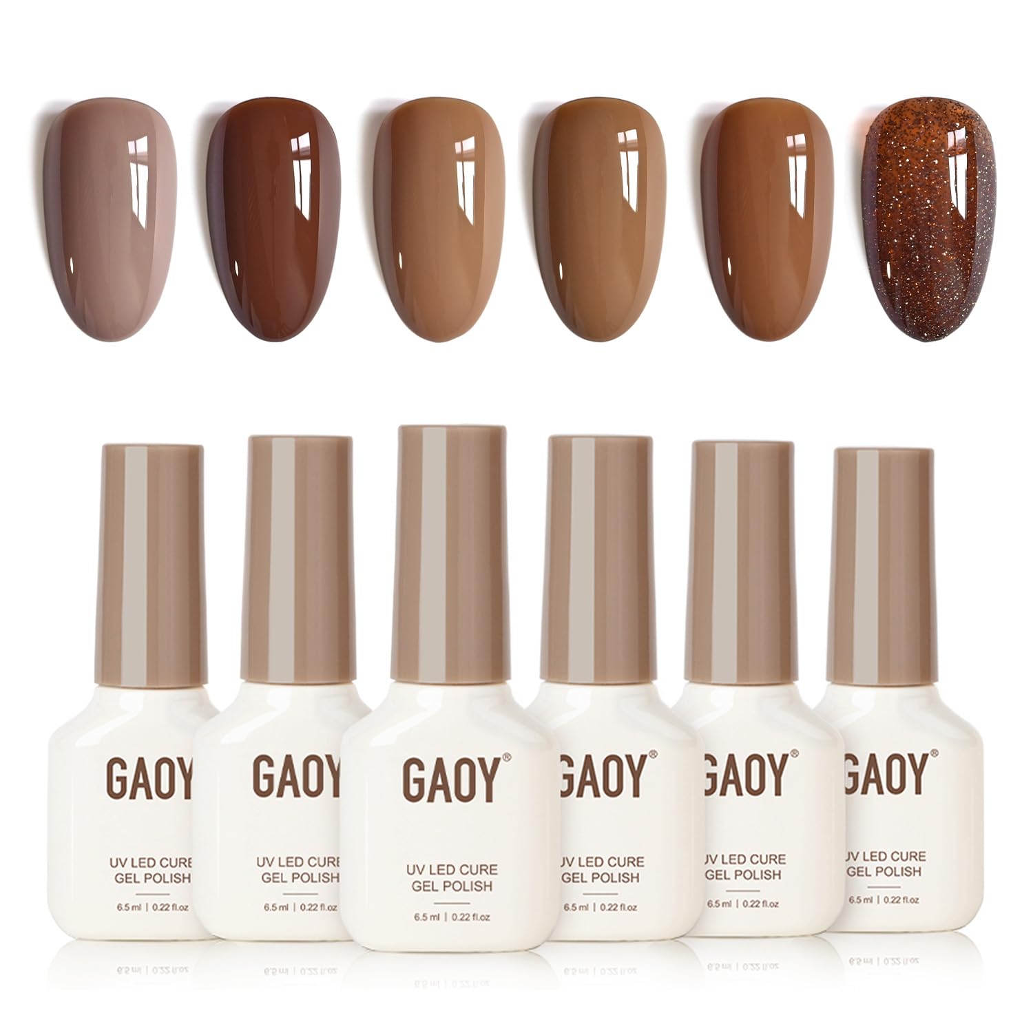 GAOY hazelnut chocolate gel nail polish bottle close-up showing glossy finish options for at-home nails