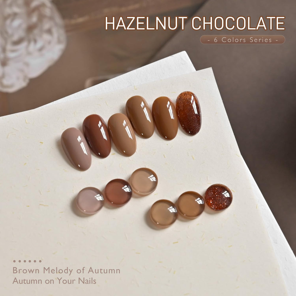 GAOY hazelnut chocolate gel nail polish color palette showcases six brown shades for versatile nail art