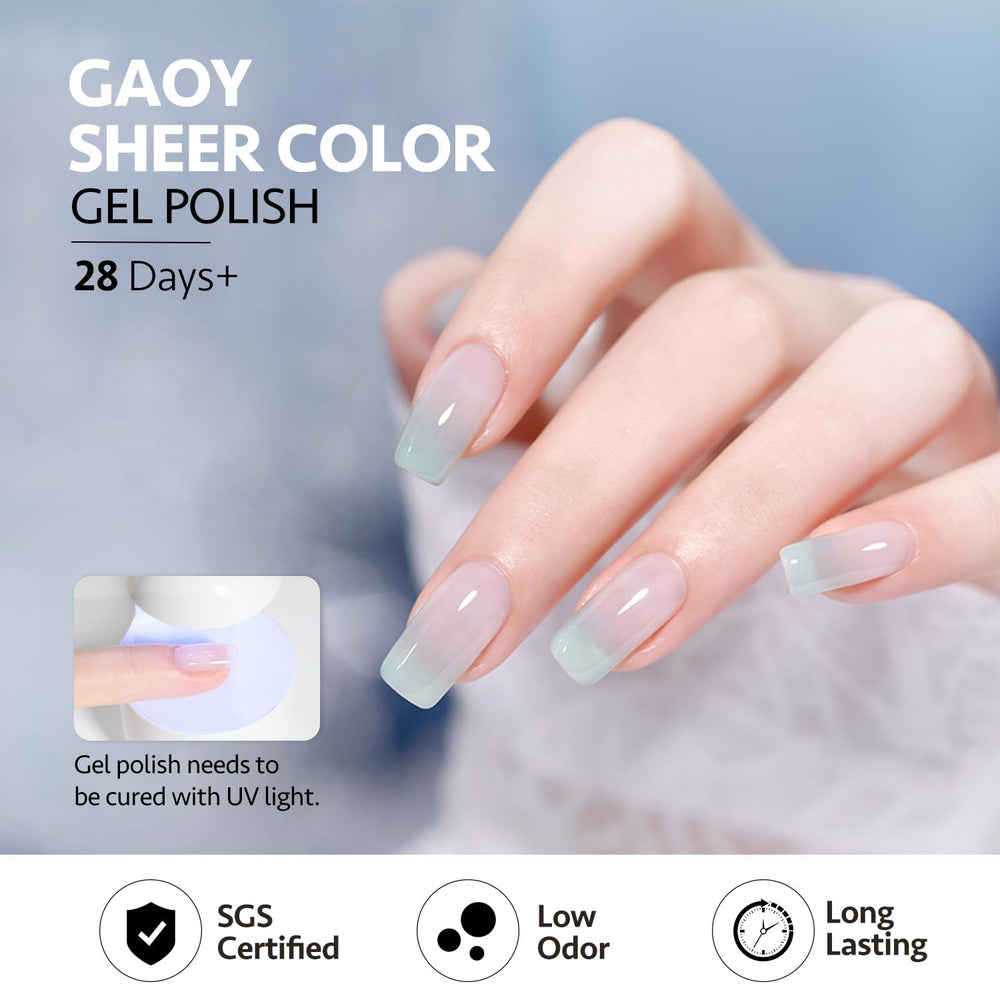 GAOY Jelly Blue Gel Nail Polish Set application on nails for DIY salon results.