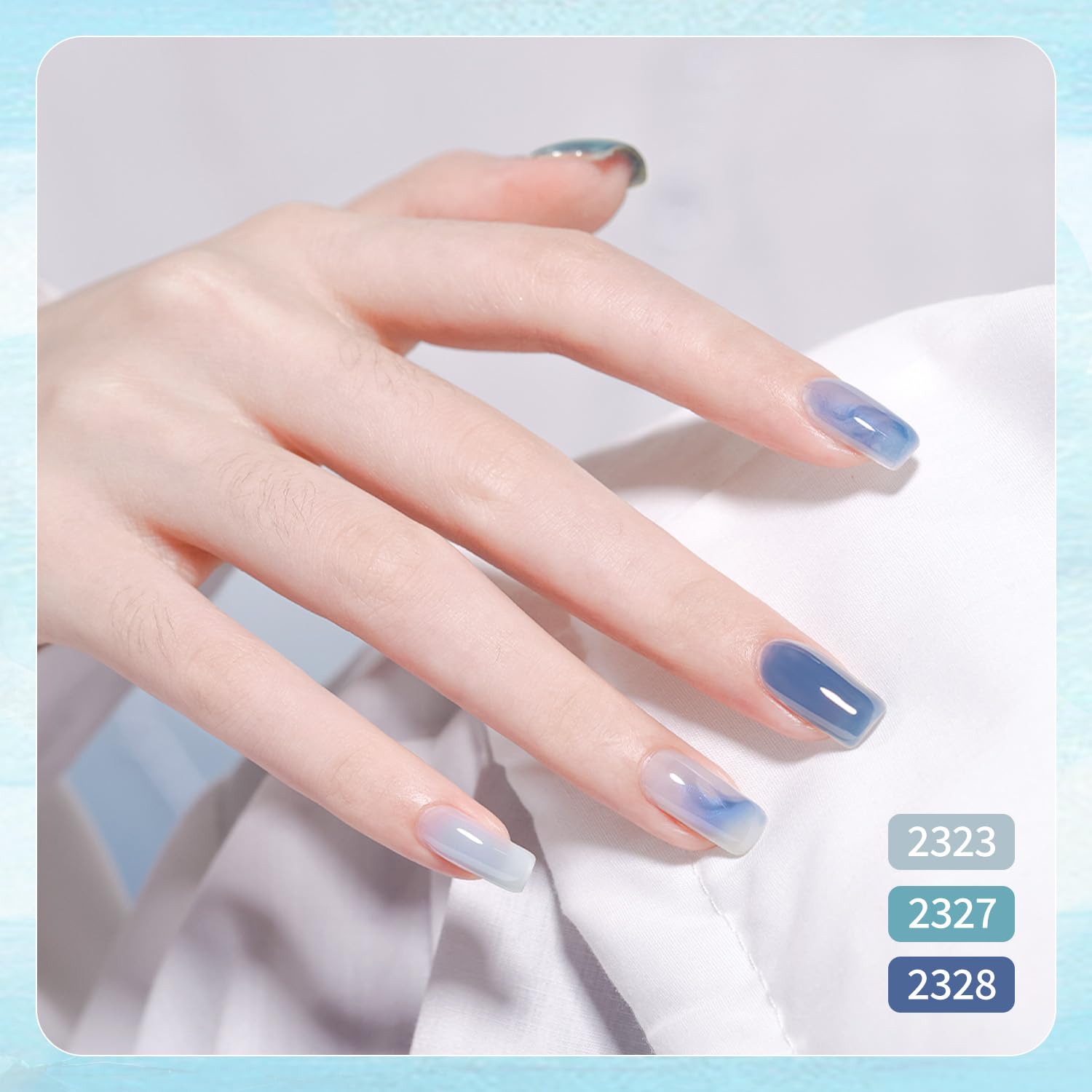 GAOY Jelly Blue Gel Nail Polish Set color 3 swatch demonstrates smooth application.