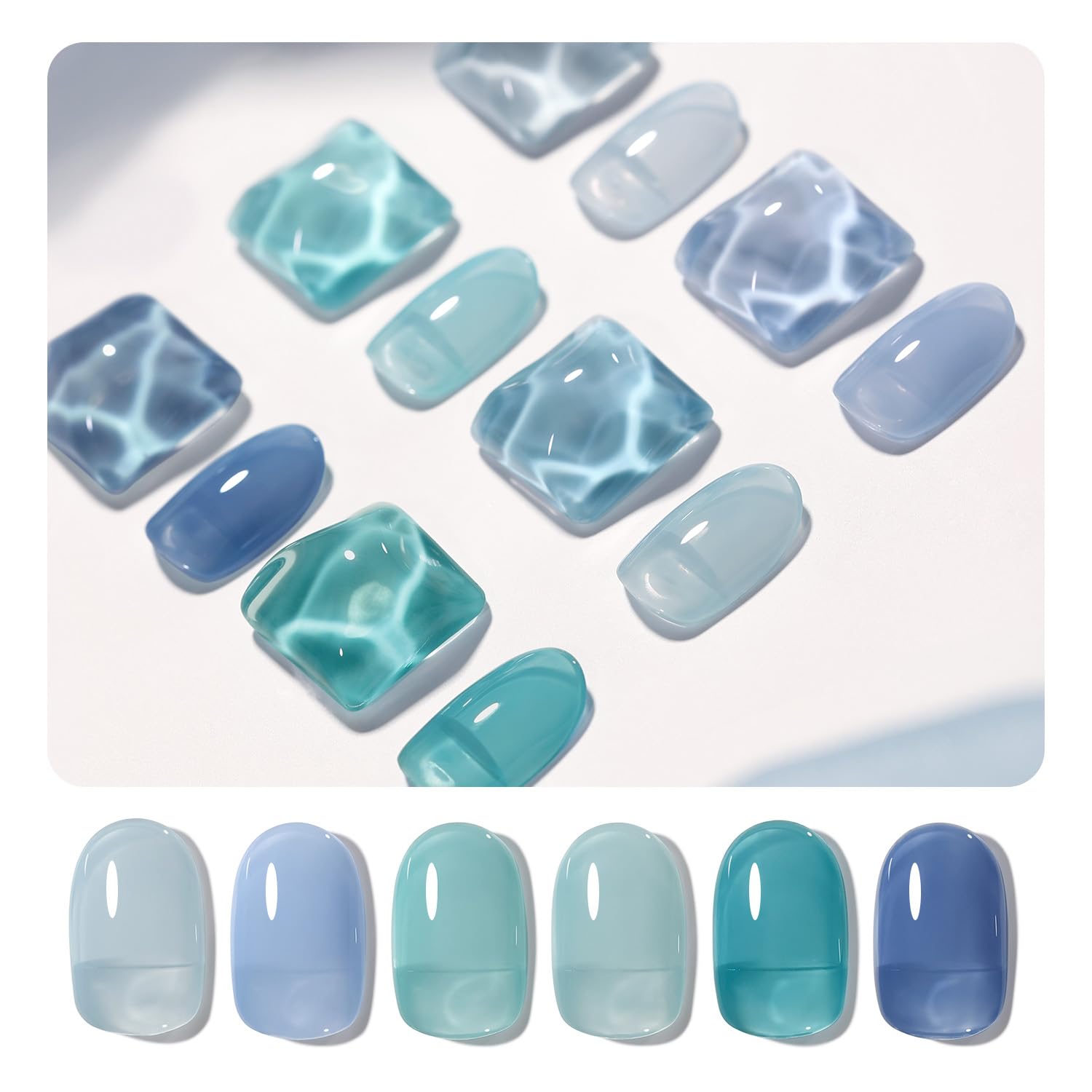 GAOY Jelly Blue Gel Nail Polish Set swatches show buildable tones and clarity.