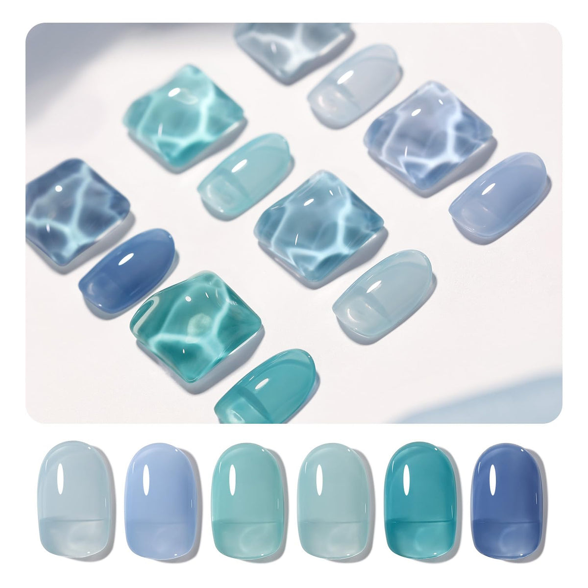 GAOY Jelly Blue Gel Nail Polish Set swatches show buildable tones and clarity.