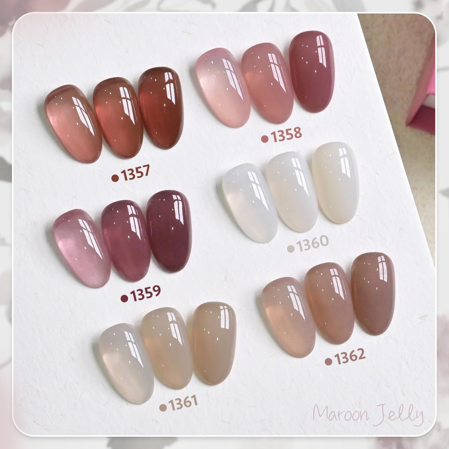 GAOY Jelly Brown White Gel Nail Polish Set color swatches show sheer to opaque layering.