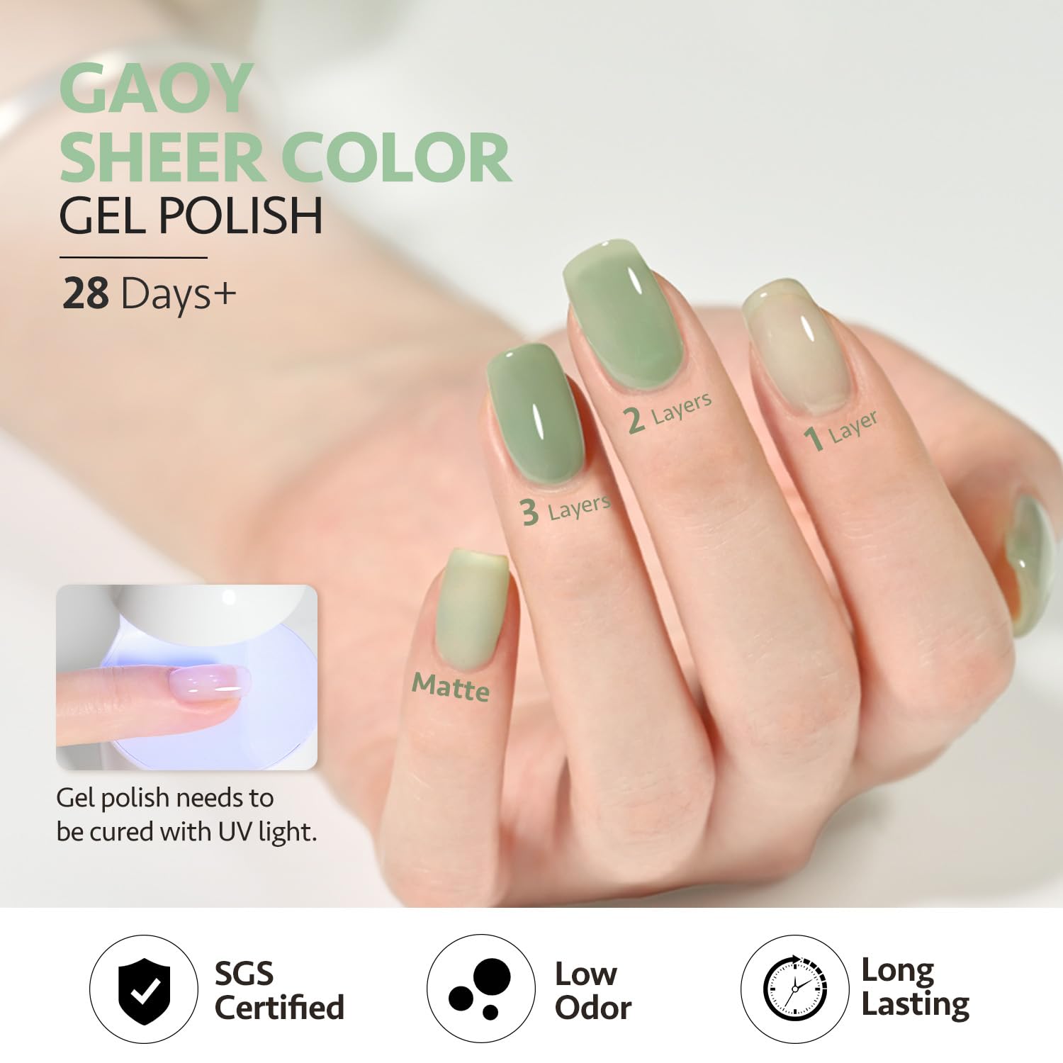 GAOY Jelly Green gel polish under UV curing demonstrates quick dry time.