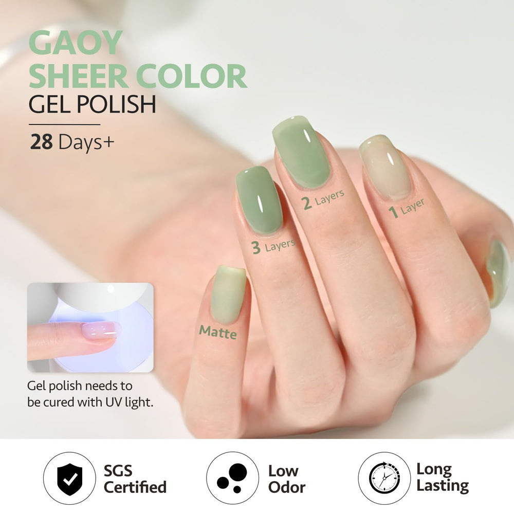 GAOY Jelly Green gel polish under UV curing demonstrates quick dry time.