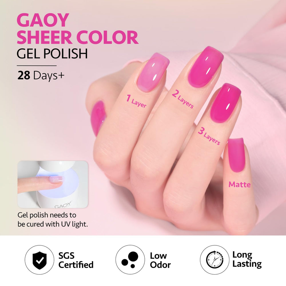 GAOY Jelly Neon gel polish set buildable layers from sheer to vibrant.