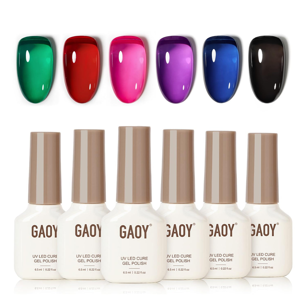 GAOY Jelly Red Black gel set packaging shows six translucent polishes for at home nail art