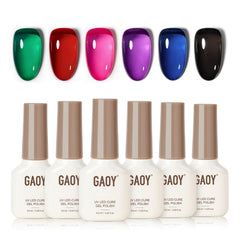 GAOY Jelly Red Black gel set packaging shows six translucent polishes for at home nail art