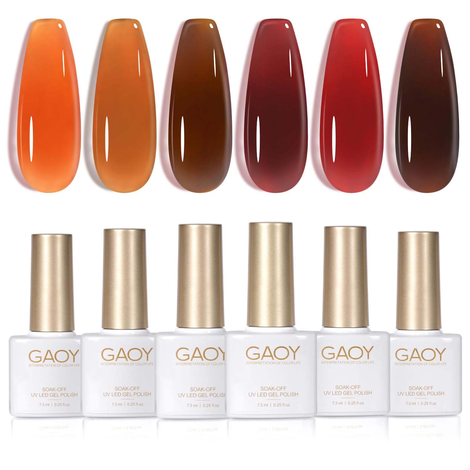 GAOY Jelly Tortoise Brown color swatches show sheer to opaque options for nails