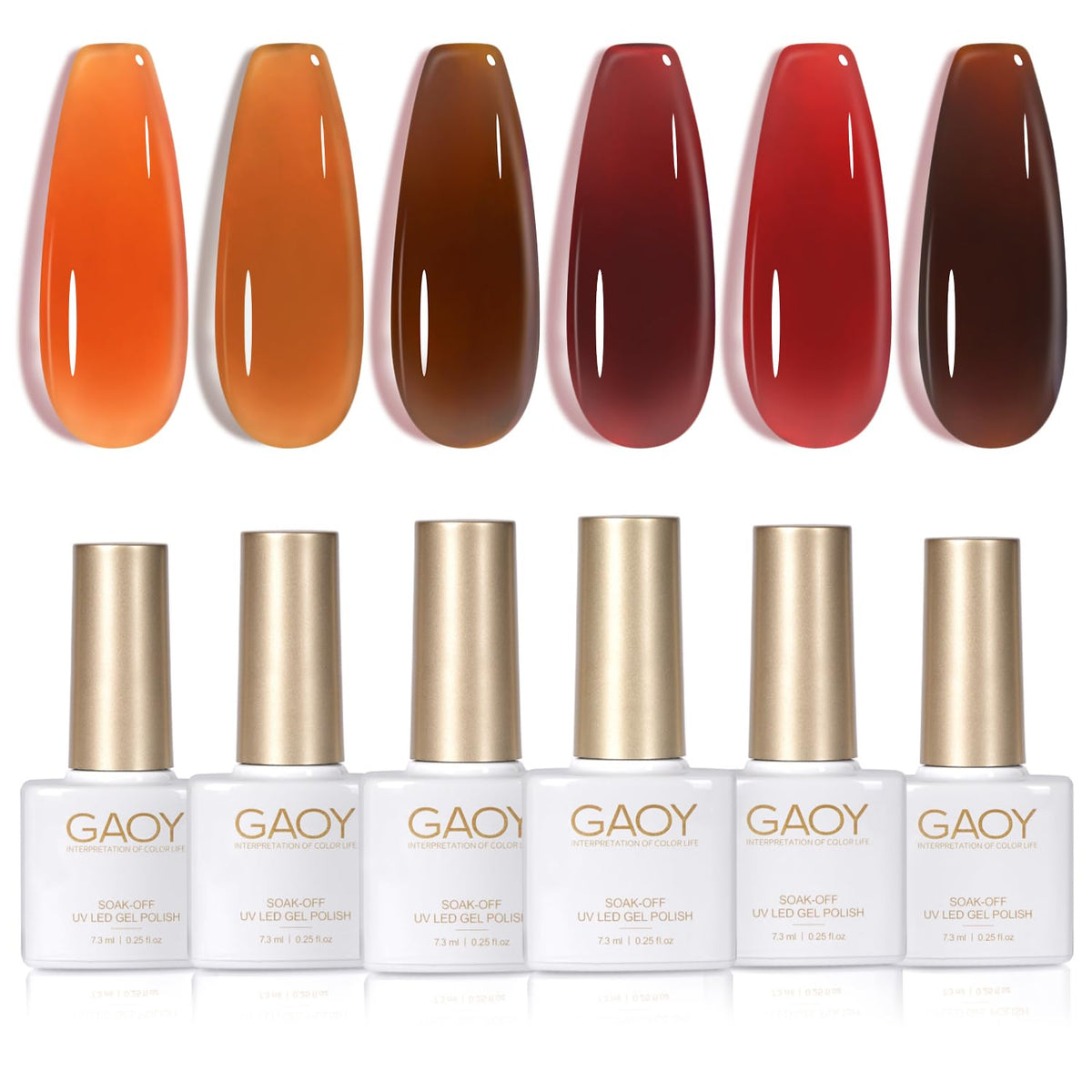 GAOY Jelly Tortoise Brown color swatches show sheer to opaque options for nails