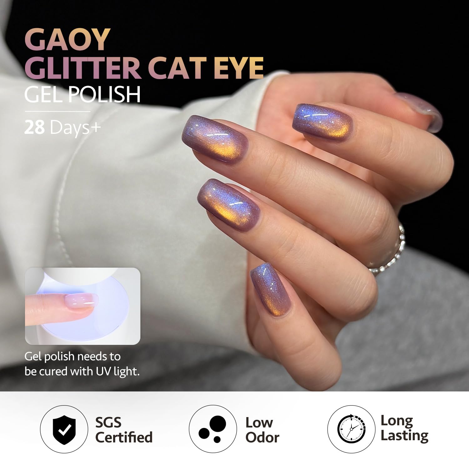 GAOY long-lasting nail gel swatches indicate wear potential up to four weeks.