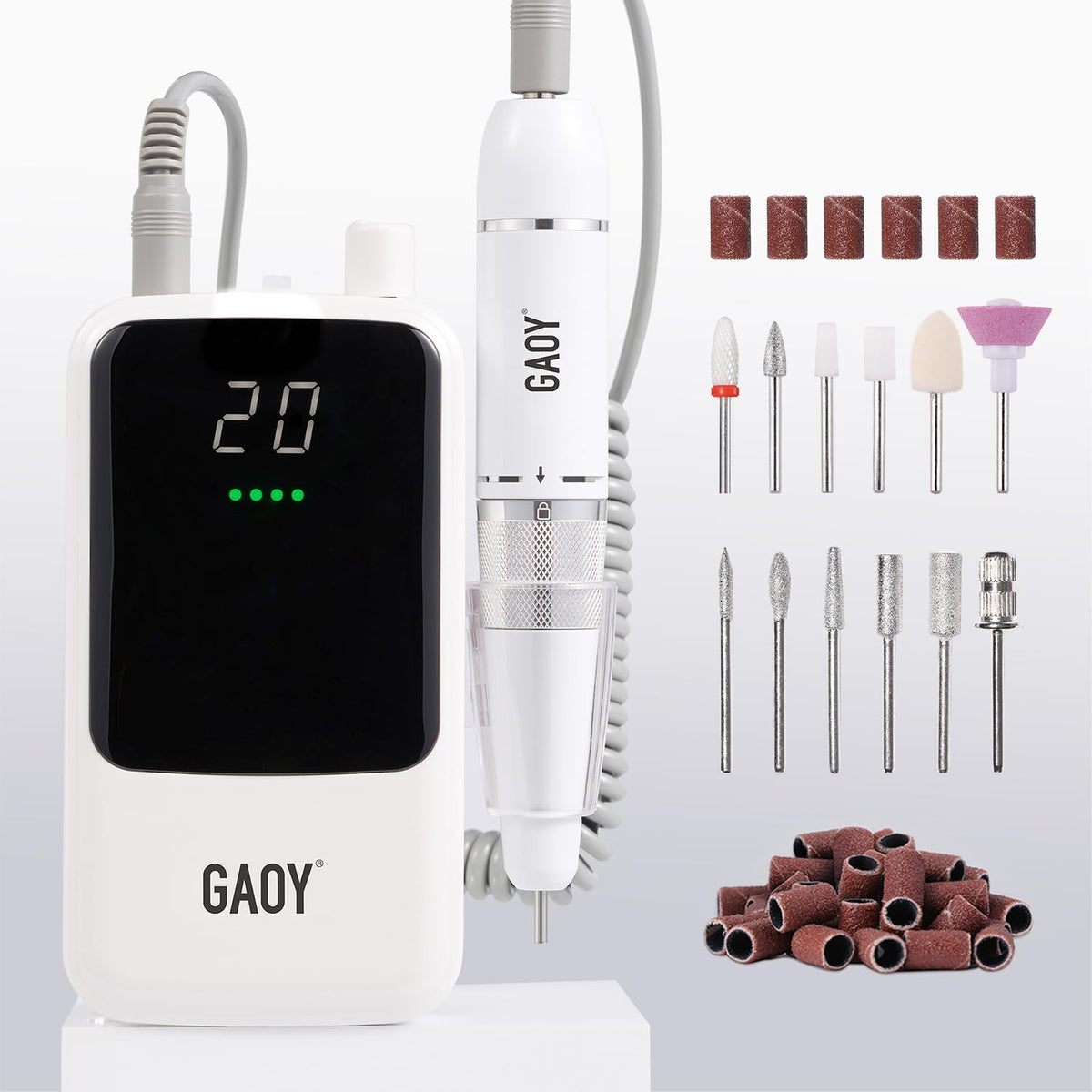 GAOY nail drill LED display shows RPM and battery status for precise control.