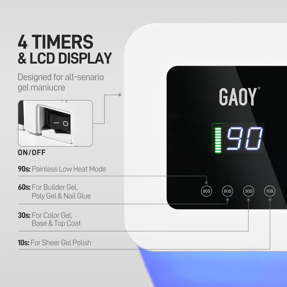 GAOY nail lamp LCD display shows curing time and battery status.