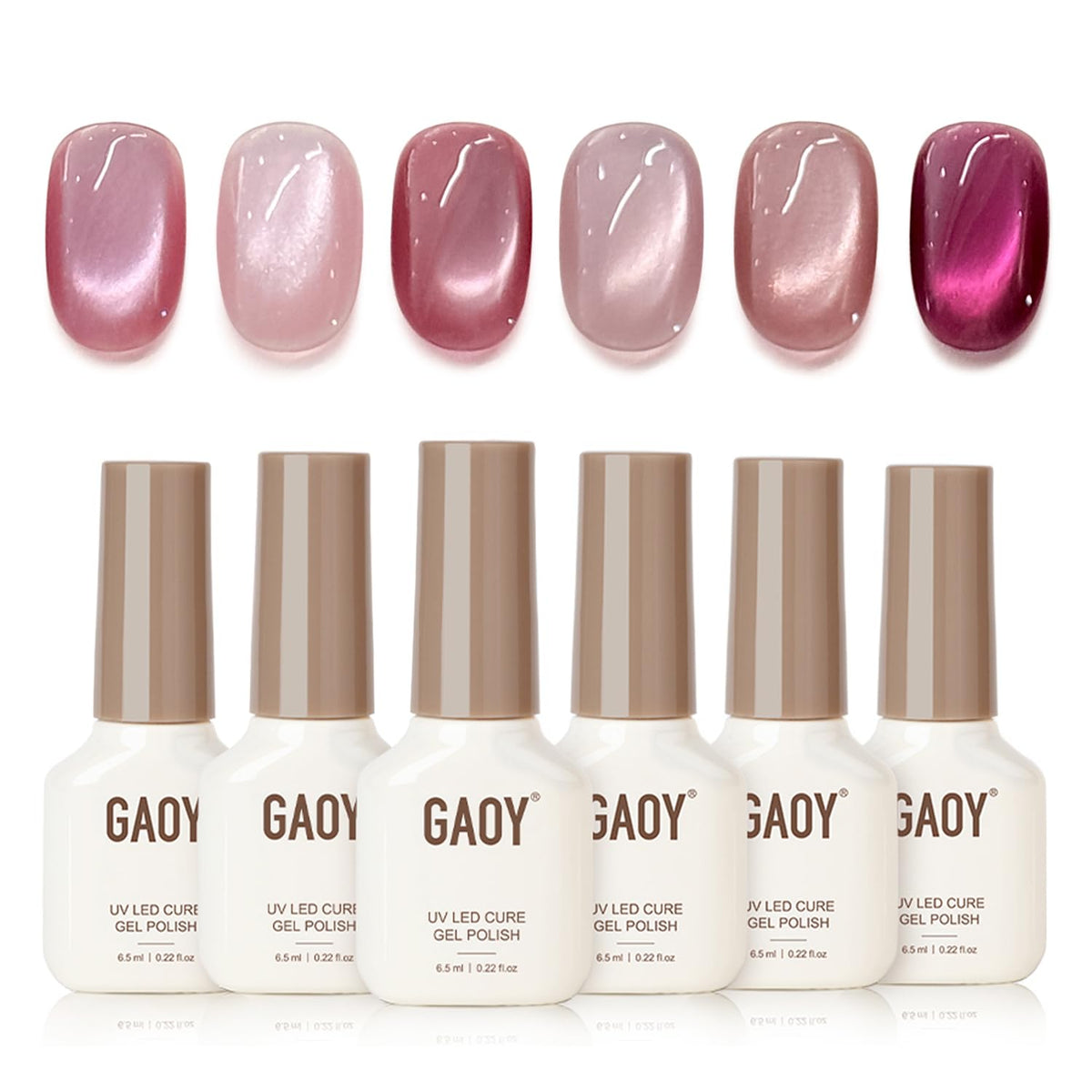 GAOY Pink Cat Eye Gel Nail Polish Set offers six colors for a magnetic cat-eye finish.