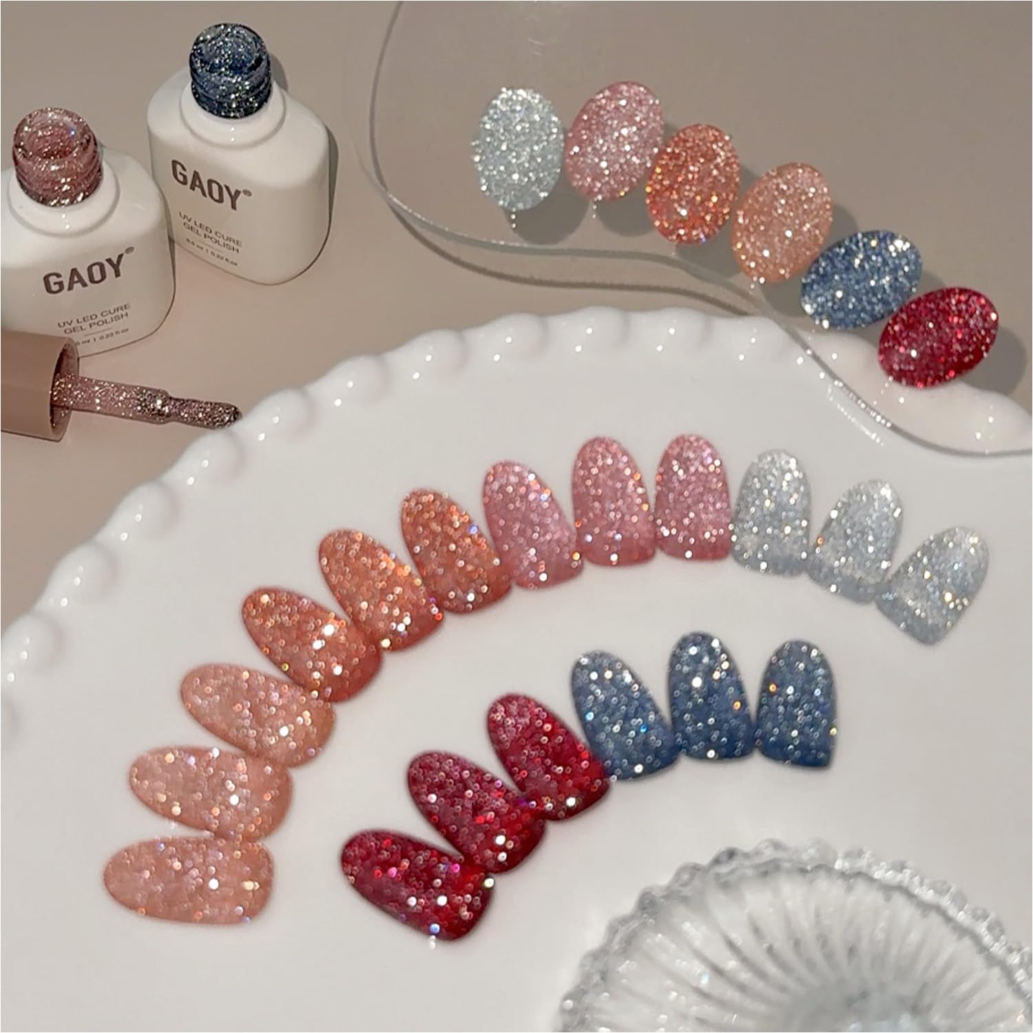 GAOY reflective glitter gel red swatch for vibrant sparkle and long wear
