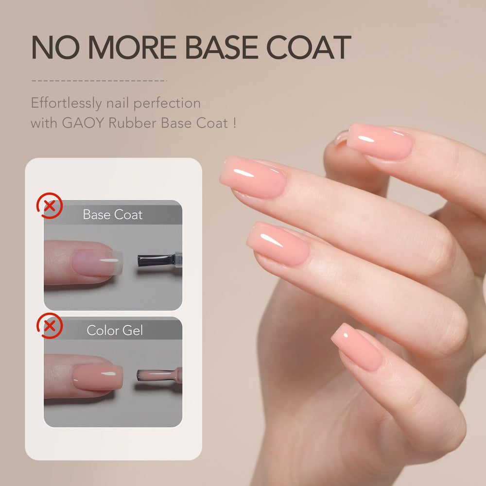 GAOY rubber base gel application showing base coat effect on natural nails.