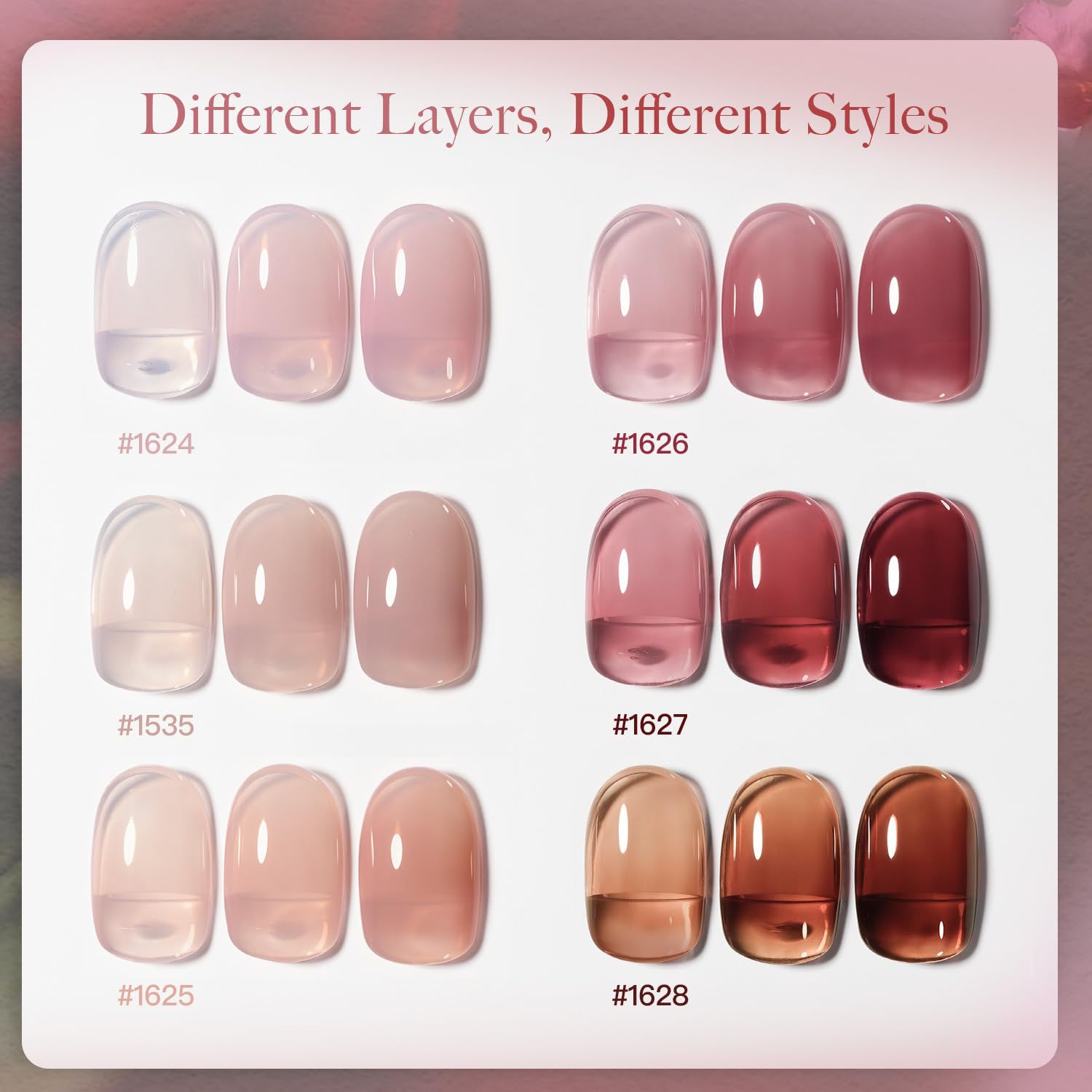 GAOY six-color nail polish swatch highlights nude, red, pink, and brown shades.