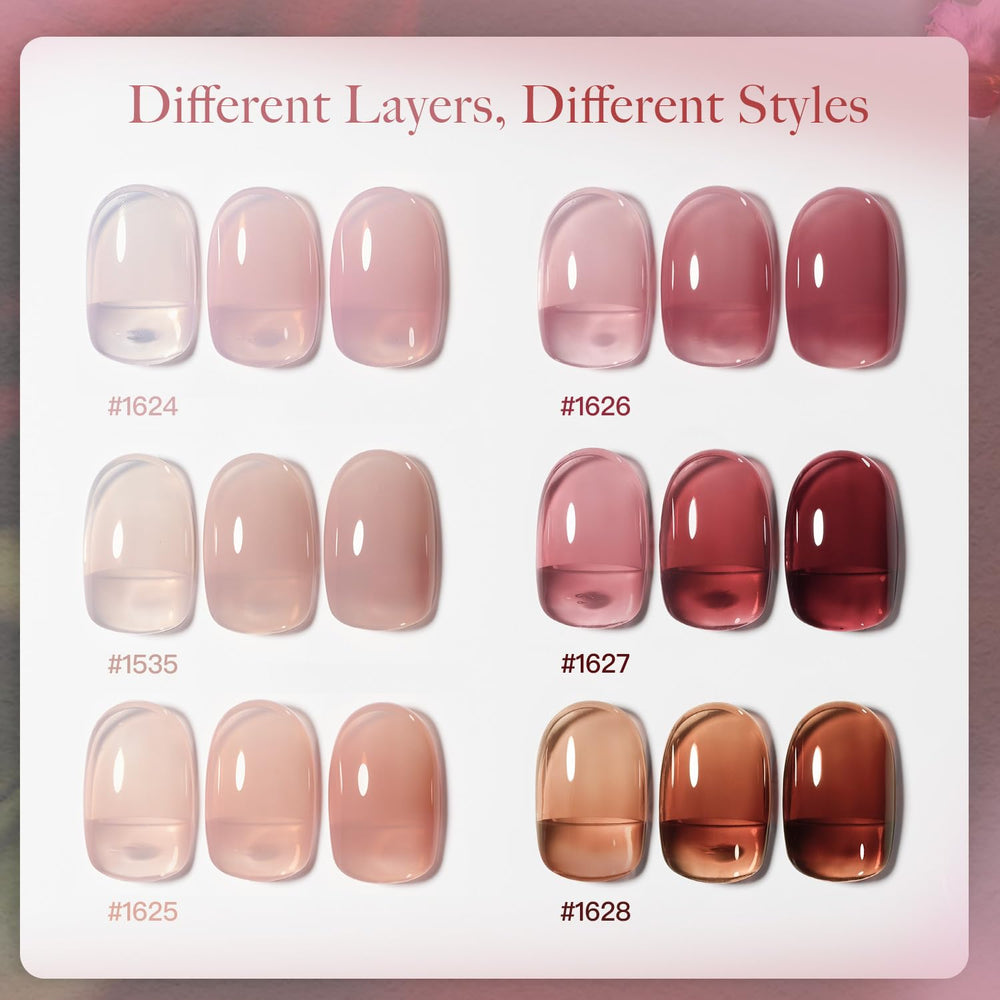 GAOY six-color nail polish swatch highlights nude, red, pink, and brown shades.