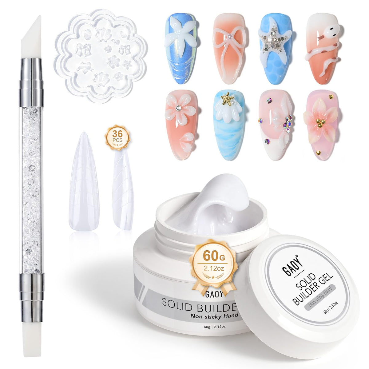 GAOY solid builder gel packaging showcases an all-in-one at-home nail art kit.