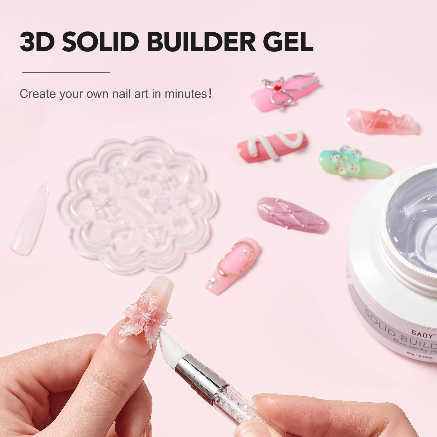 GAOY solid builder gel extension steps show quick, mess-free 3D nail design.
