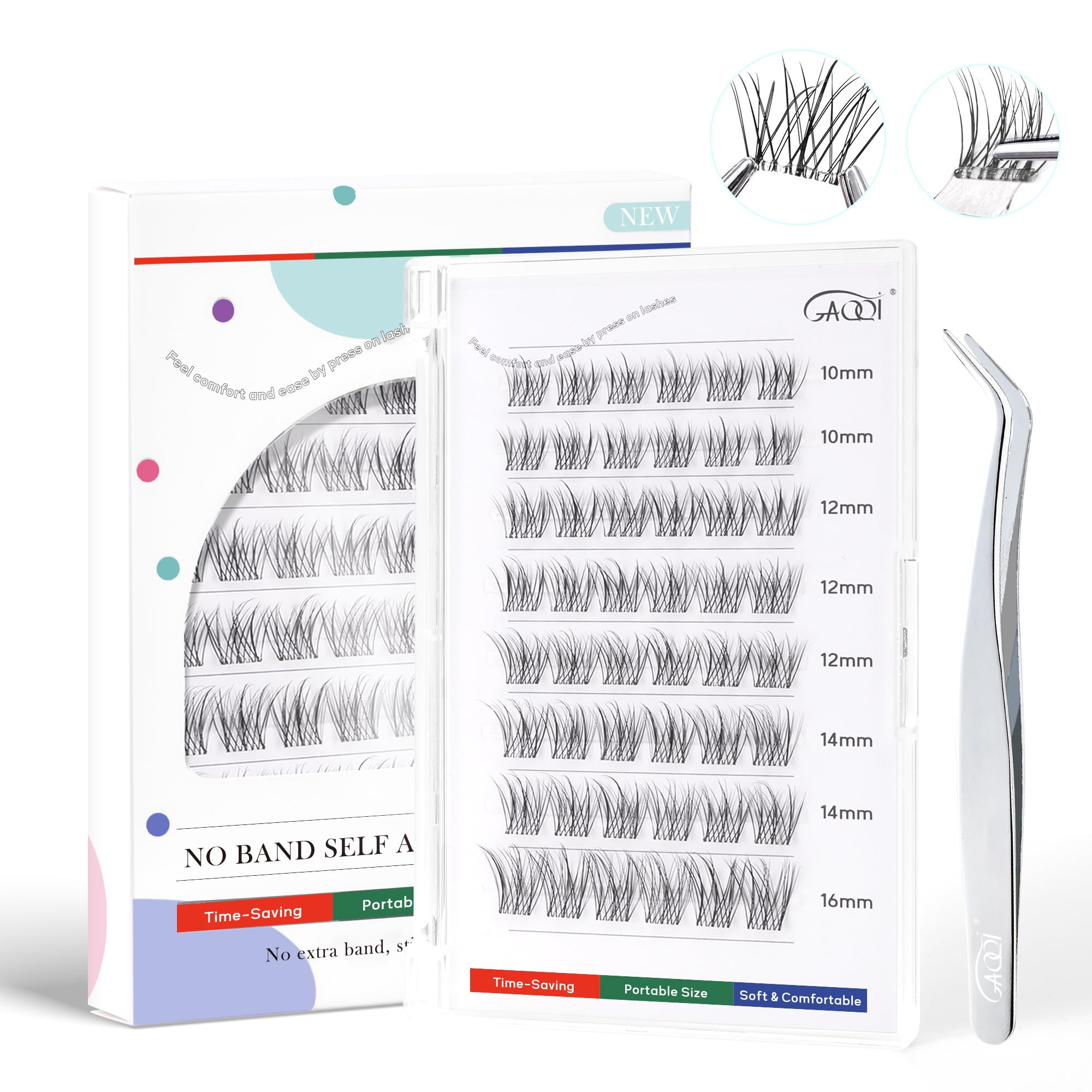 GAQQI self-adhesive lash clusters close-up for quick, easy 10-16mm looks.