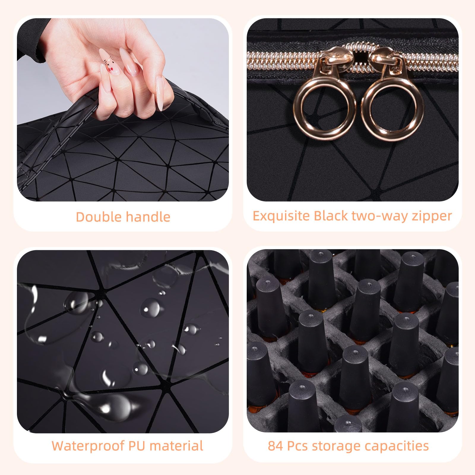 GAResy Nail Polish Organizer Case 84-grid lower layer keeps bottles upright and protected.