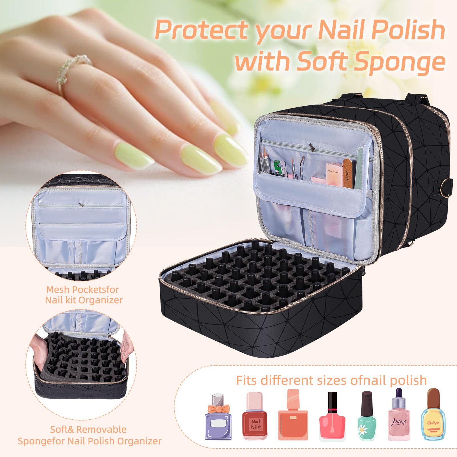 GAResy Nail Polish Organizer Case adjustable partitions enable compact or spacious layouts for varied lamp sizes.