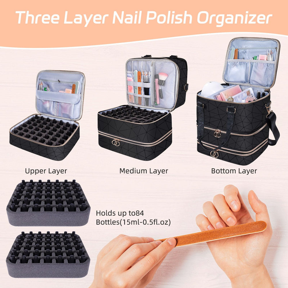 GAResy Nail Polish Organizer Case carrying handle and strap for easy on-the-go transport.
