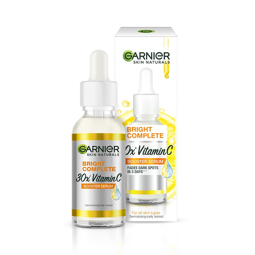 Garnier Bright Complete Vitamin C Booster serum bottle promotes a radiant complexion