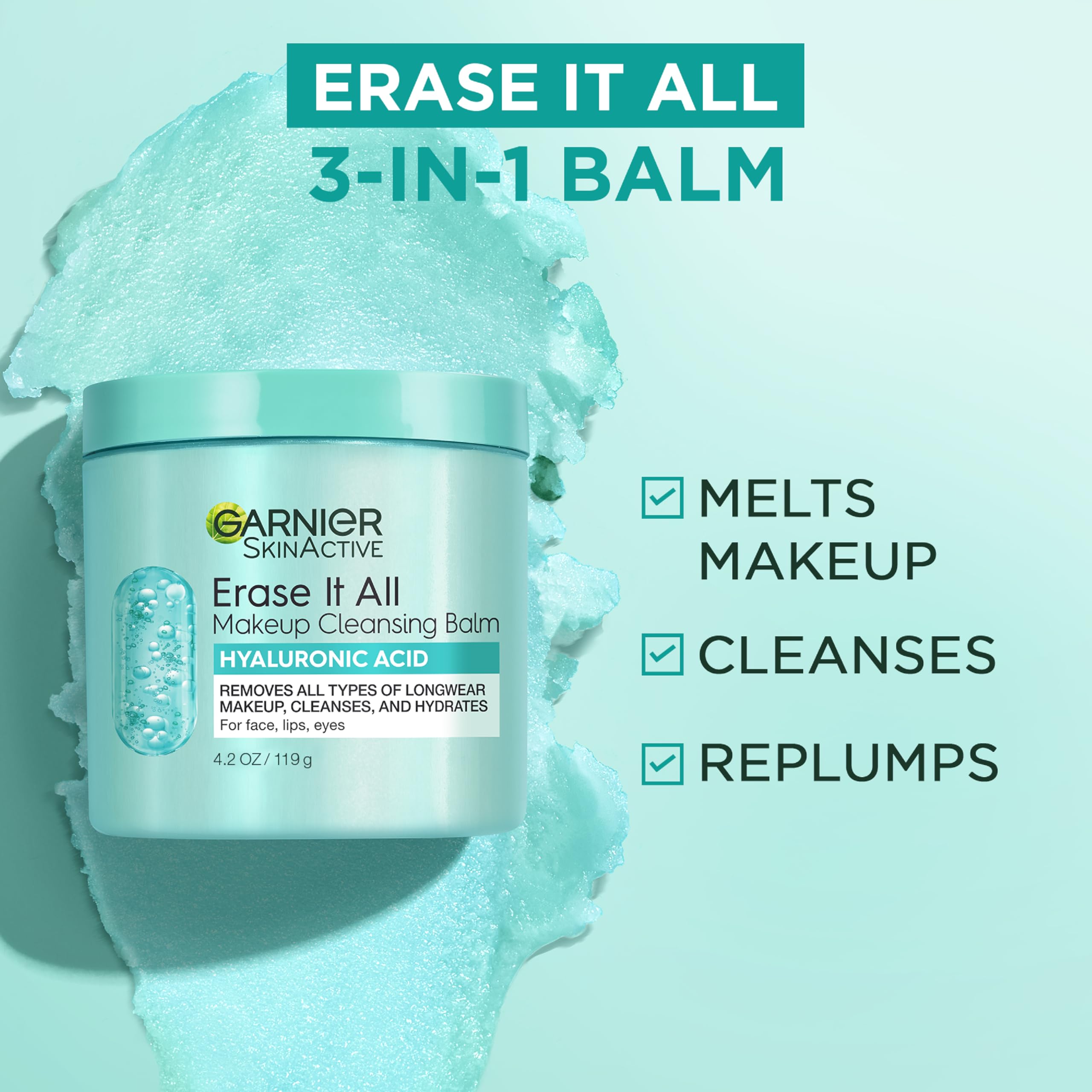 Aplicación suave de bálsamo desmaquillante Garnier para rostro, ojos y labios.
