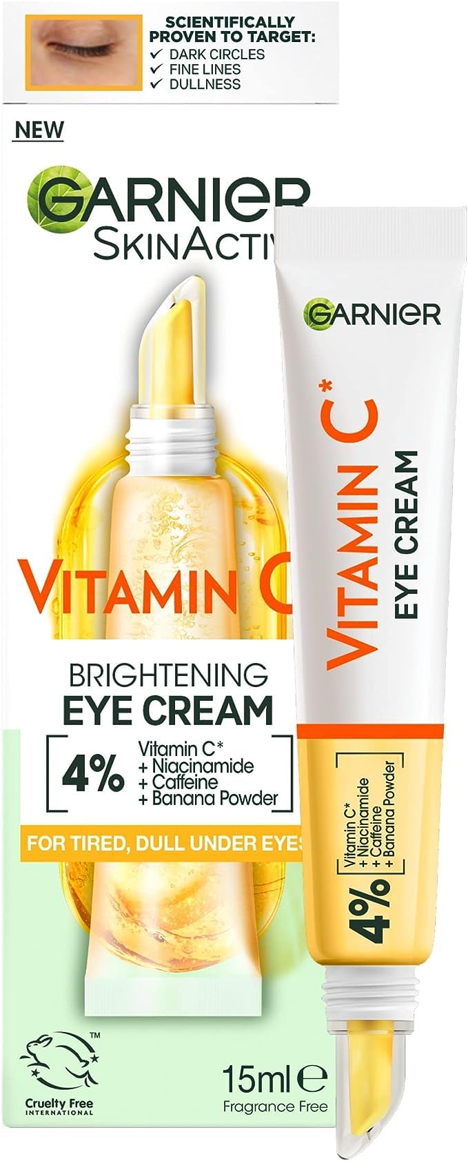 Garnier Eye Cream 4% Vitamin C tube — brightening boost for tired eyes.