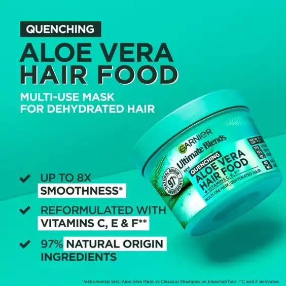 Garnier Fructis Aloe Vera Hair Food Mask packaging highlights vegan and Cruelty-Free International approval.