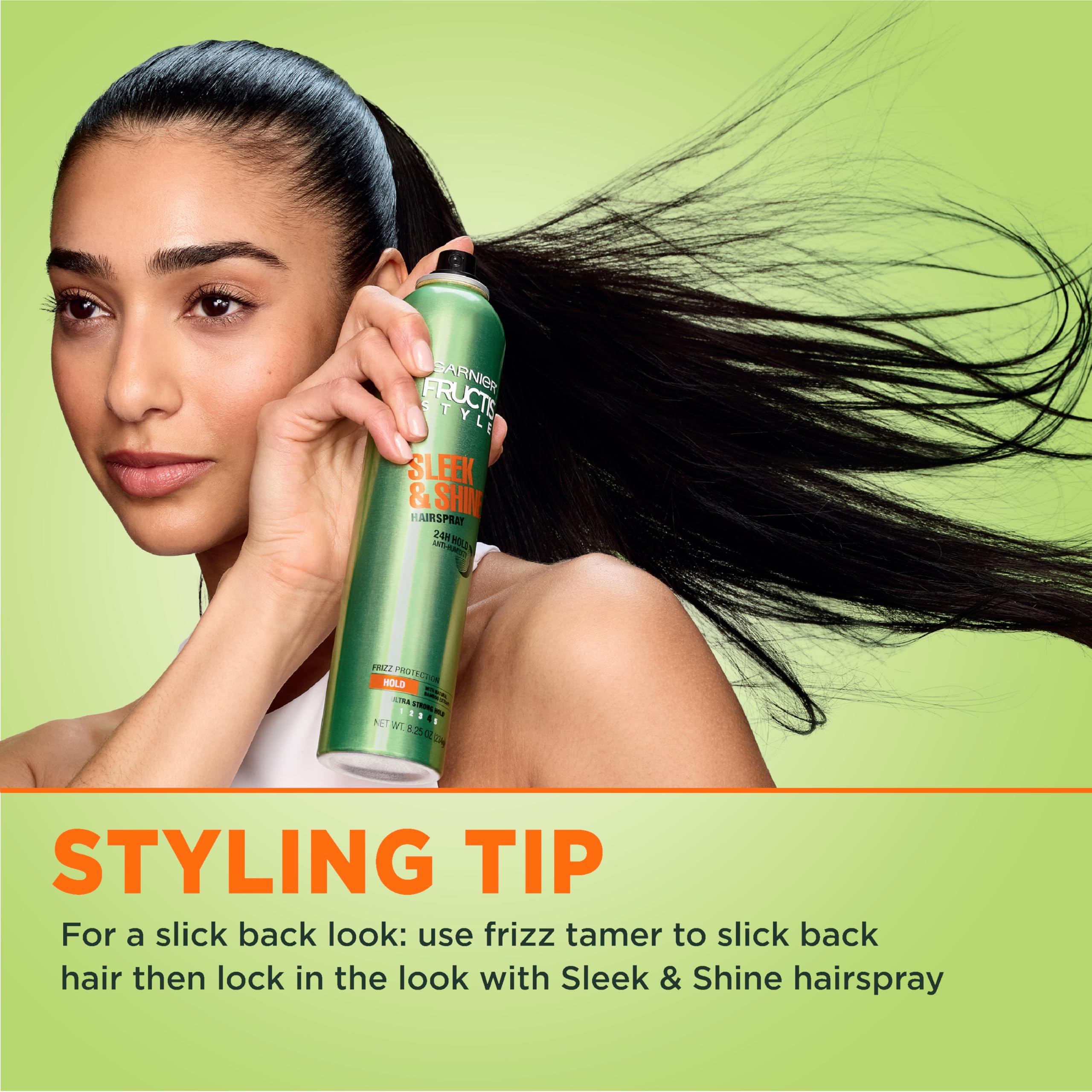 Garnier Fructis Sleek & Shine hairspray demonstrating 24-hour hold.