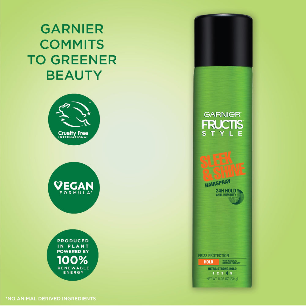Garnier Fructis Sleek & Shine hairspray containing bamboo extract ingredient close-up.