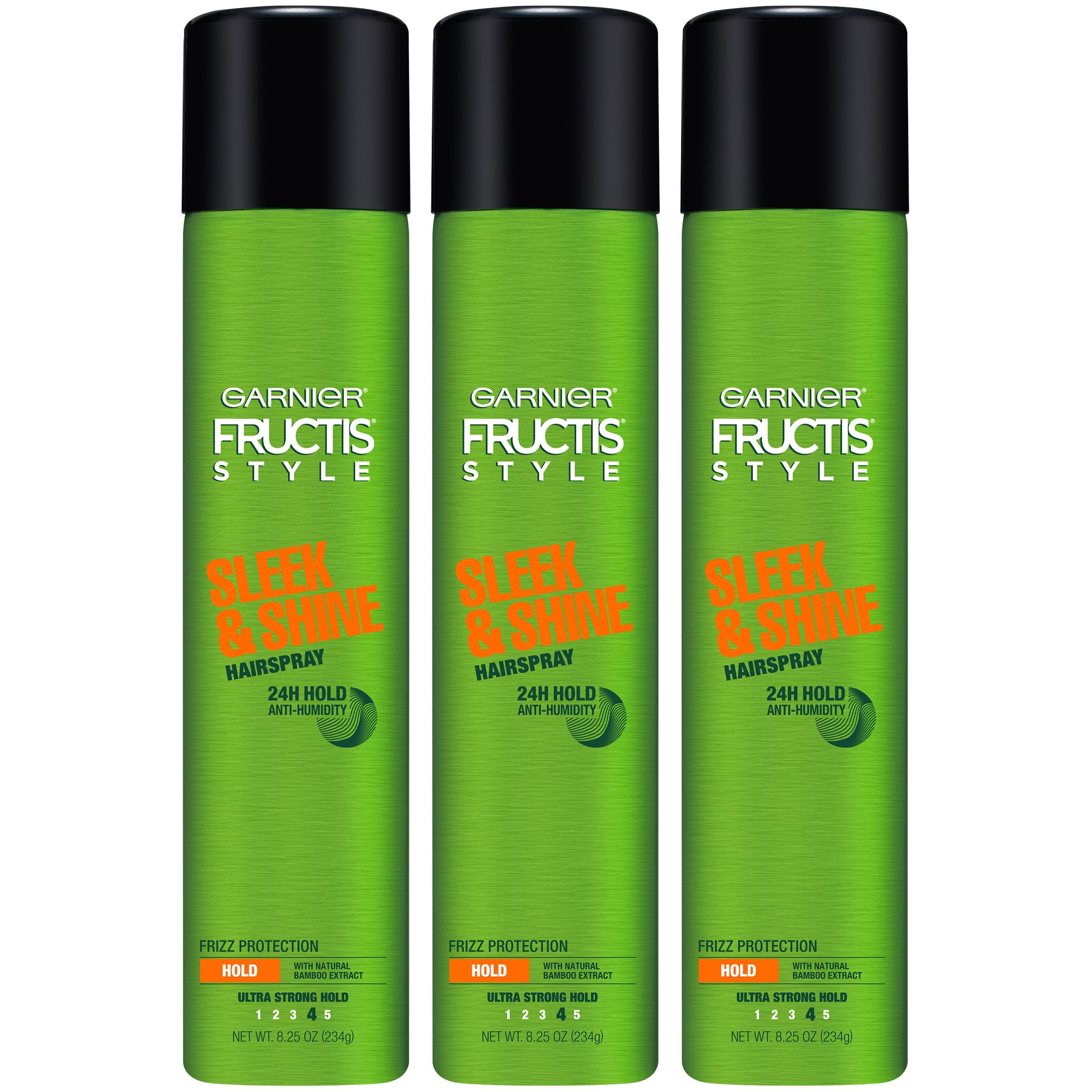 Garnier Fructis Sleek & Shine hairspray bottle with ultra-strong hold for sleek styles.