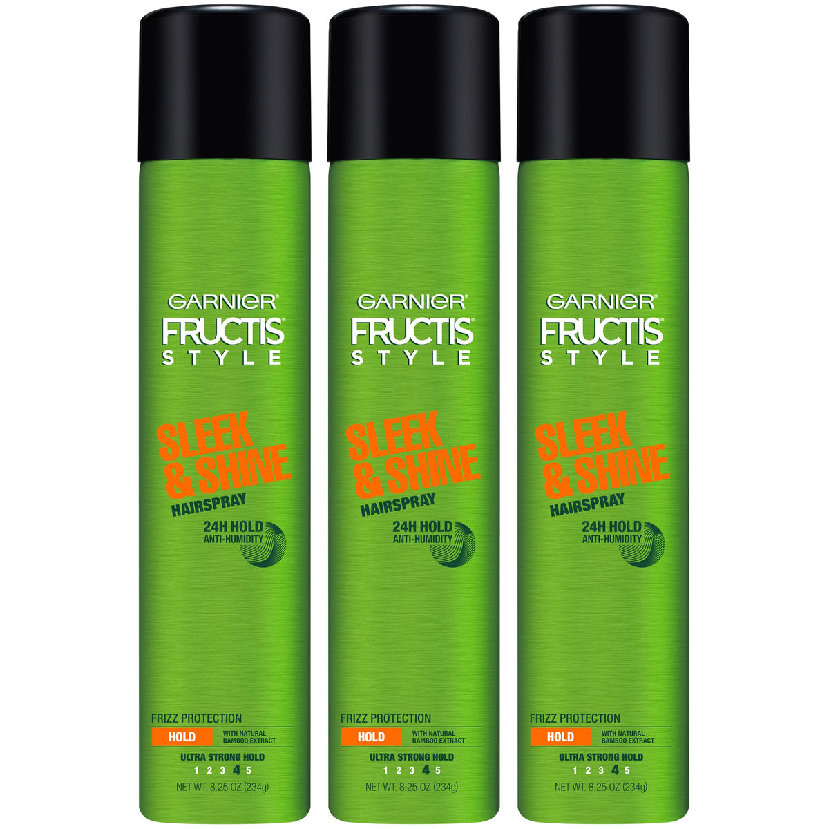 Garnier Fructis Sleek & Shine hairspray bottle with ultra-strong hold for sleek styles.