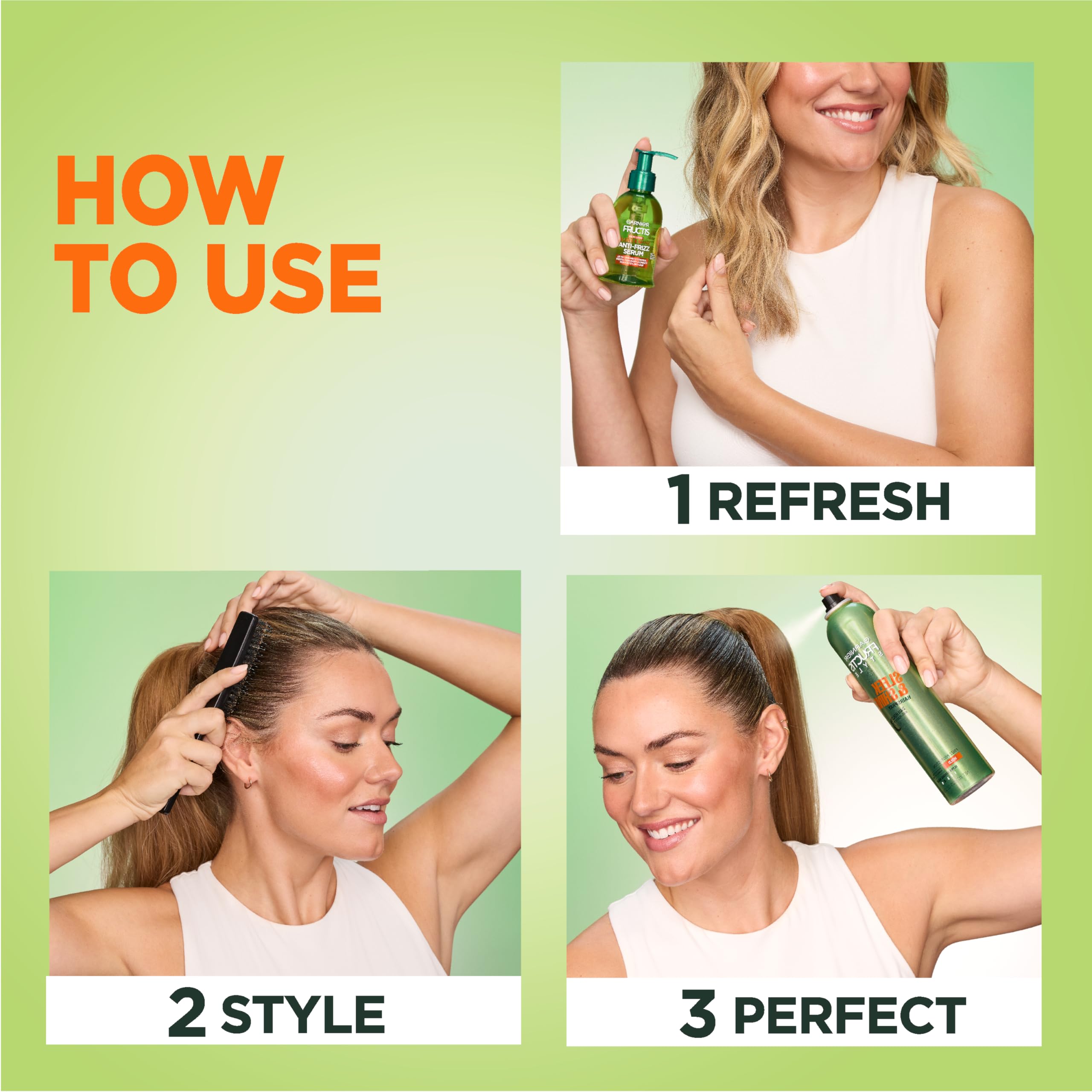 Garnier Fructis Sleek & Shine hairspray delivers frizz-free look during styling.