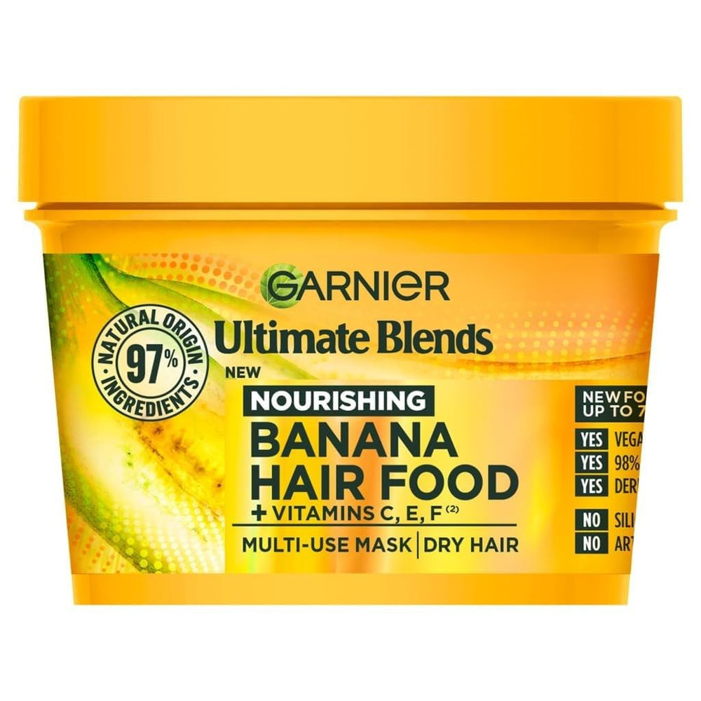 Garnier Hair Food Banana bottle pour showing 3-in-1 nourishment for dry hair
