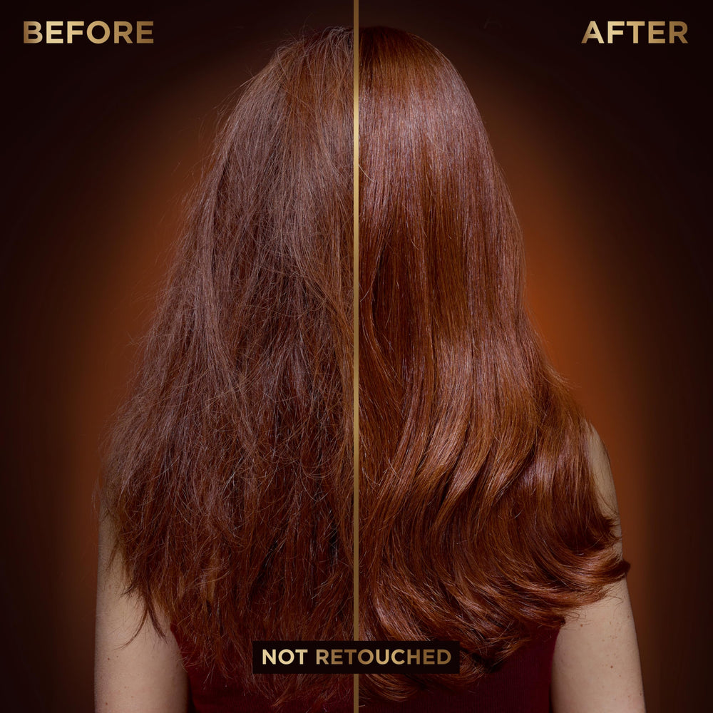 Garnier Honey Treasures serum applied to damp hair showing heat protection