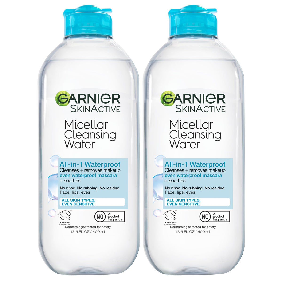 Garnier Micellar Water bottle closeup shows gentle cleansing for all skin types.