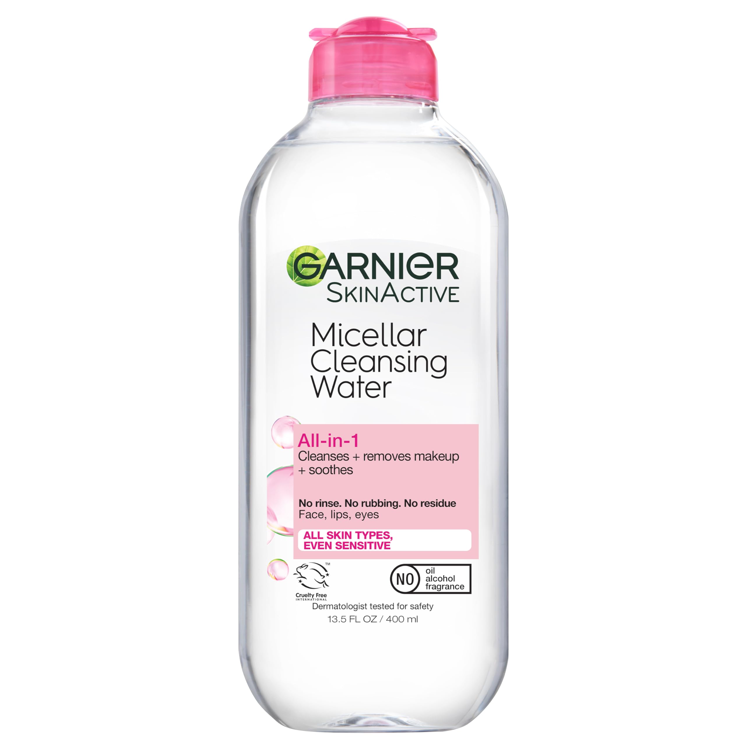 Garnier Micellar Water bottle front; gentle makeup removal in one step.