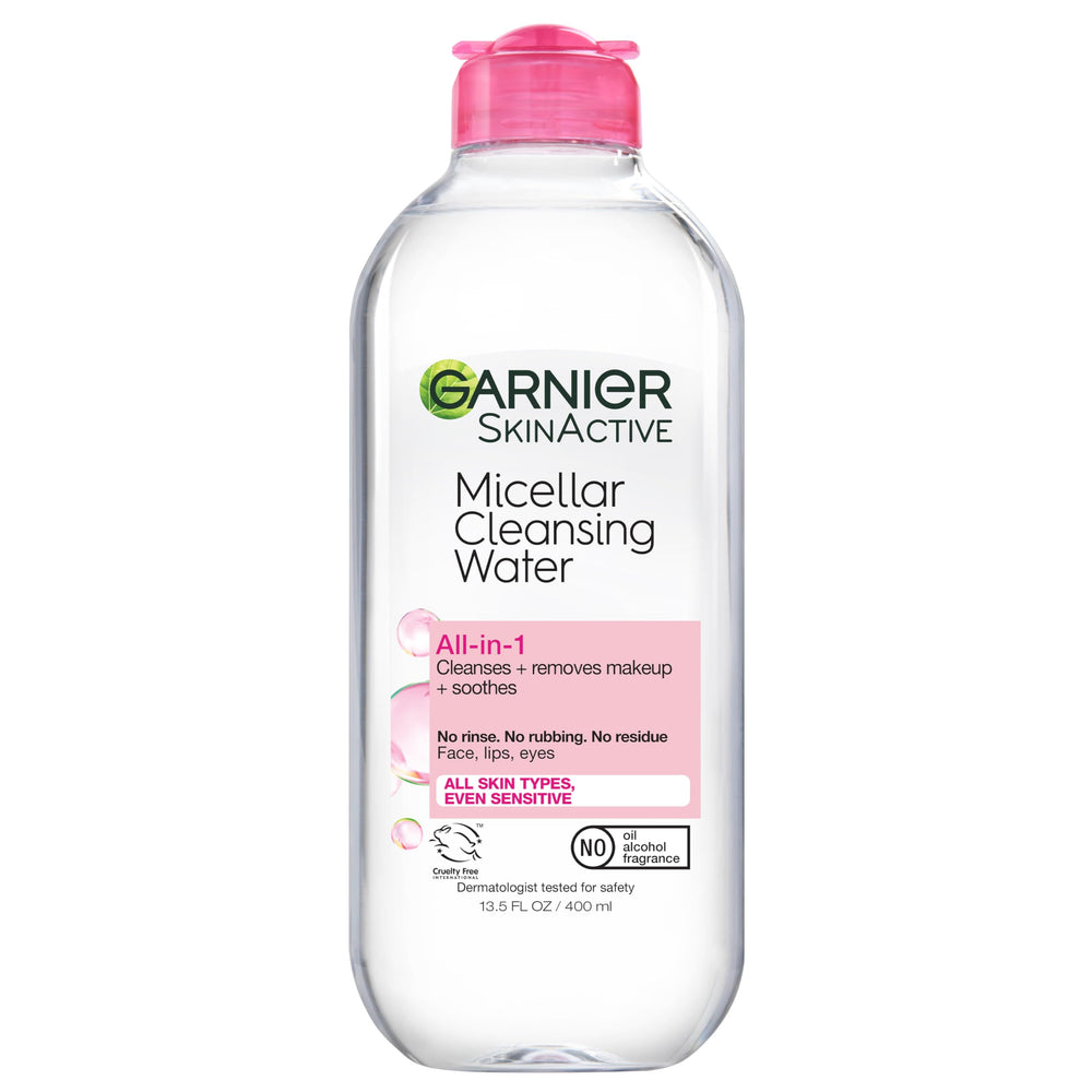 Garnier Micellar Water bottle front; gentle makeup removal in one step.