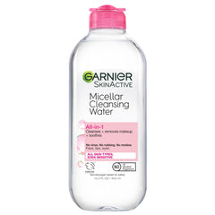 Garnier Micellar Water bottle front; gentle makeup removal in one step.