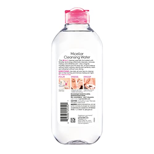 Garnier Micellar Water bottle label closeup; vegan and fragrance-free formula.